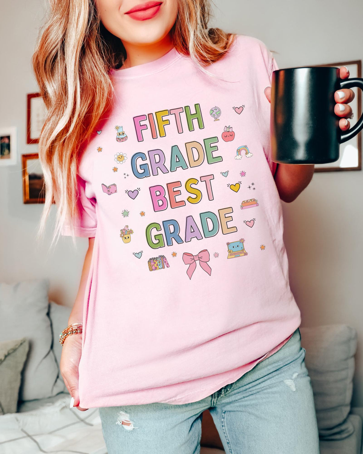 Fifth Grade Teacher Tee Shirt with Cute 90s Aesthetic Doodles Colorful Matching Teacher TShirt for Fifth Grade Crew New Teacher Present Graphic Tee – Premium Graphic · High-Quality Print