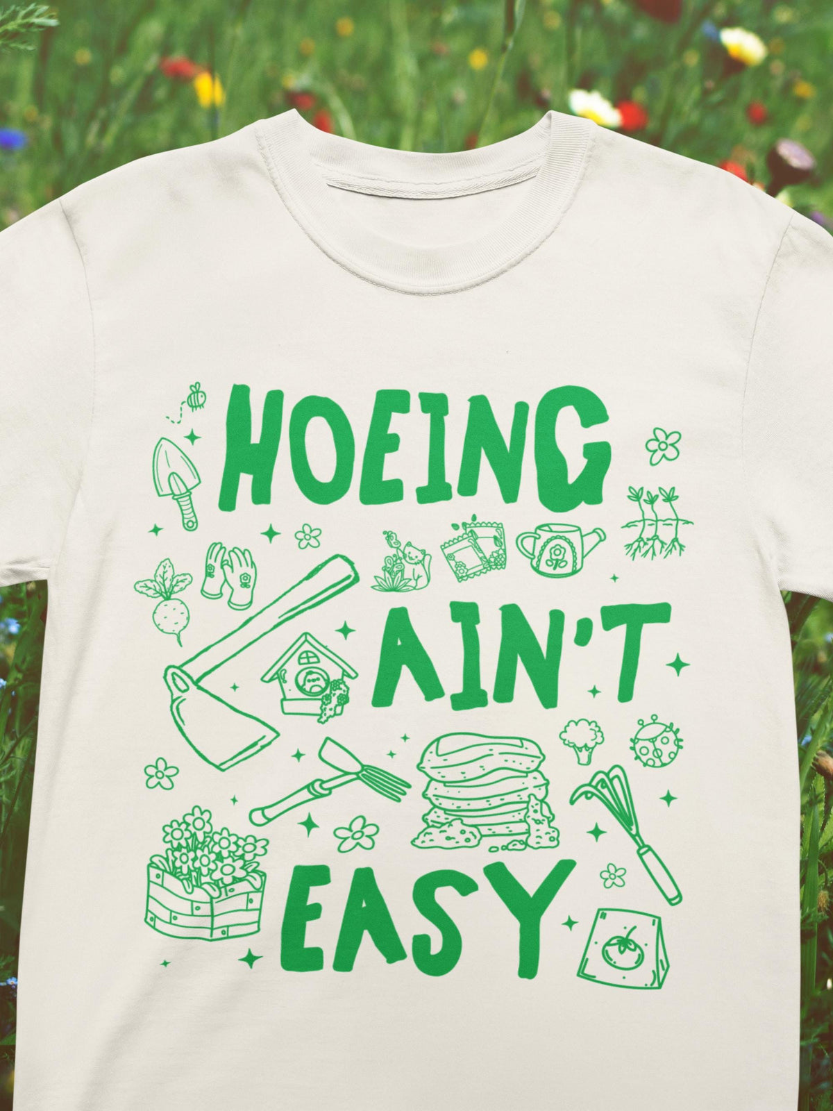 Hoeing Ain39t Easy Funny Gardening Tee Shirt for Mom Who Loves Gardening Cute Garden Lover TShirt with Stars Boho Y2K 90s Doodle Flowers Graphic Tee – Warm & Stylish · High-Quality Print