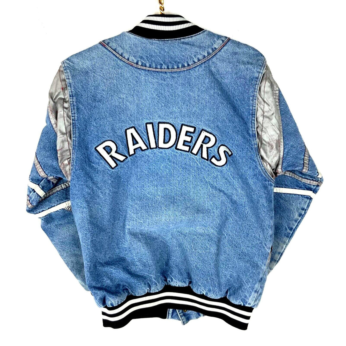 Vintage Oakland Raiders Denim Bomber Jacket Small Blue Snap Button Nfl Graphic Tee – Premium Graphic · High-Quality Print