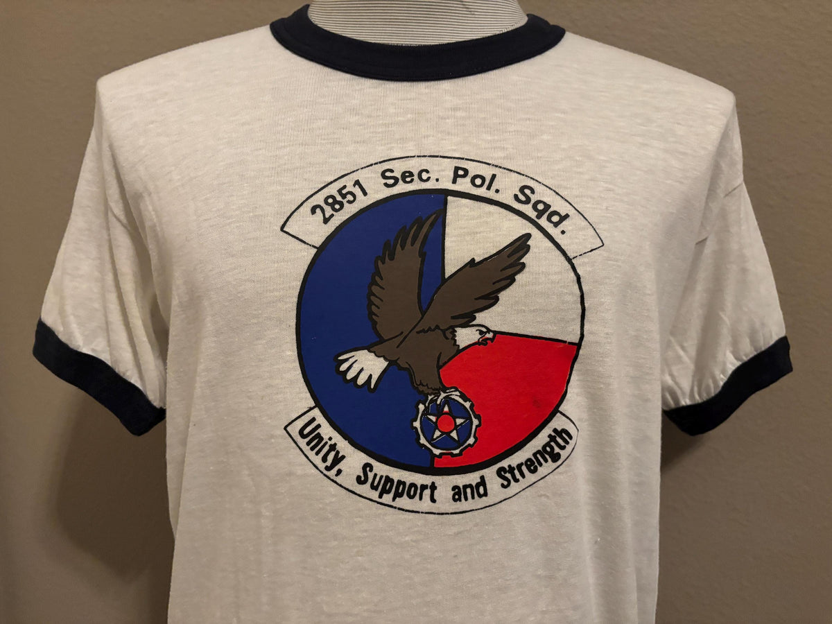 Vintage 80s Security Police Squadron Motto Unity Support And Strength Eagle Paper Thin Tshirt L Graphic Tee – Soft Feel · High-Quality Print