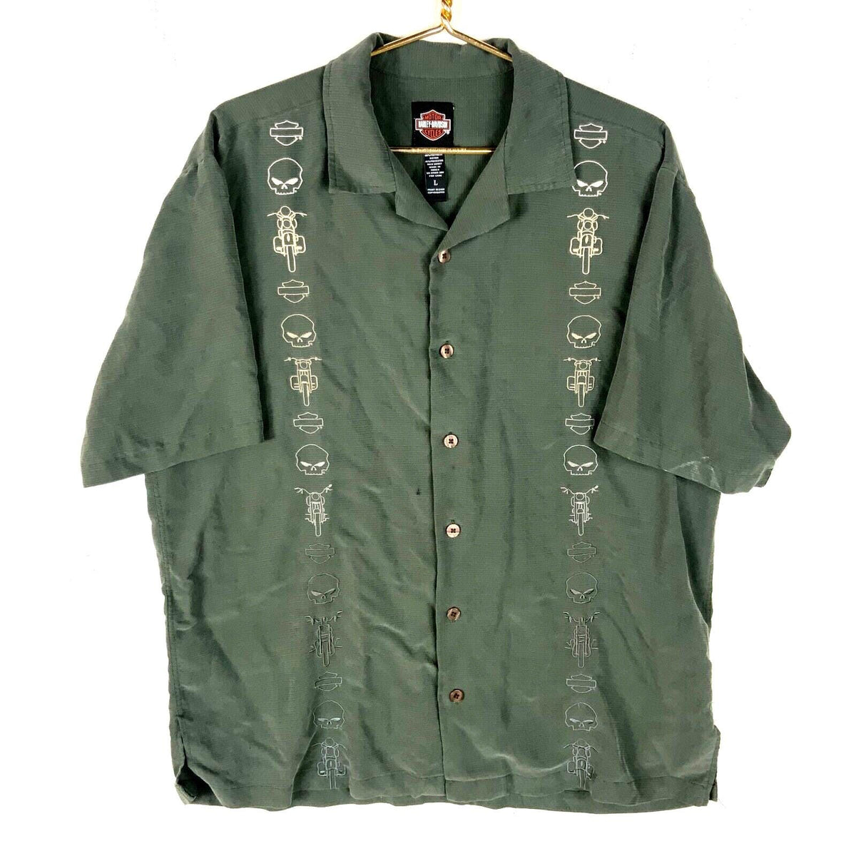Vintage Harley Davidson Rayon Shirt Large Green Short Sleeve Button Embroidered Graphic Tee – Bold Style · Trending Graphic Apparel