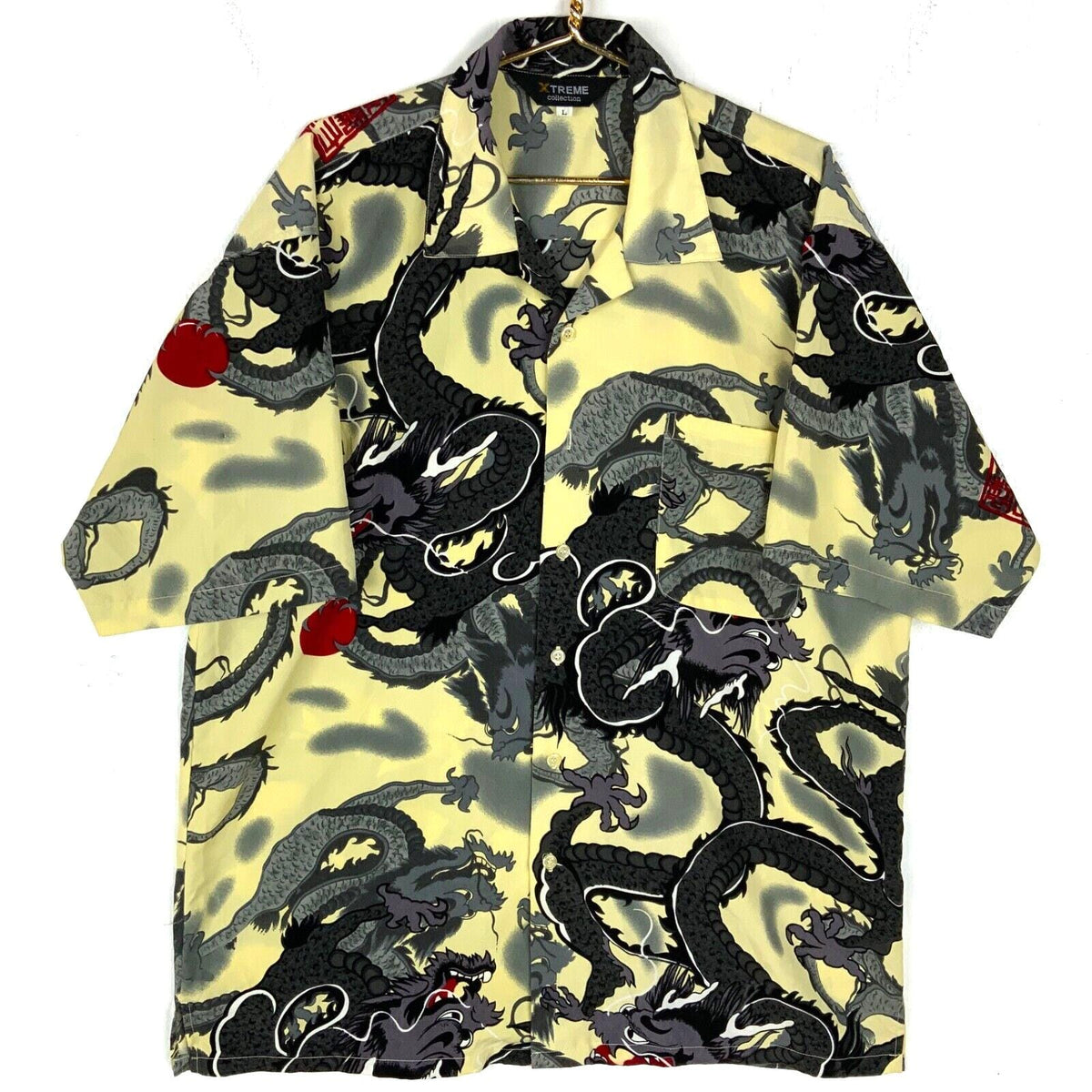 Vintage Dragon Shirt Large Beige Button Up Short Sleeve All Over Print Y2K Graphic Tee – Premium Graphic · Great Gift For Fans