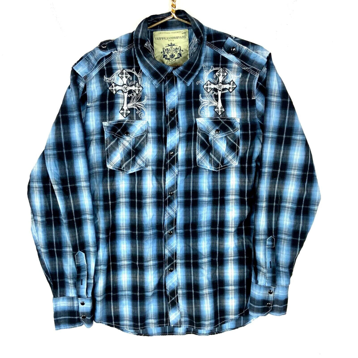 Y2K Cross Plaid Shirt Size XL Blue Snap Pearl Embroidered Graphic Tee – Fan Favorite · Must-Have Style