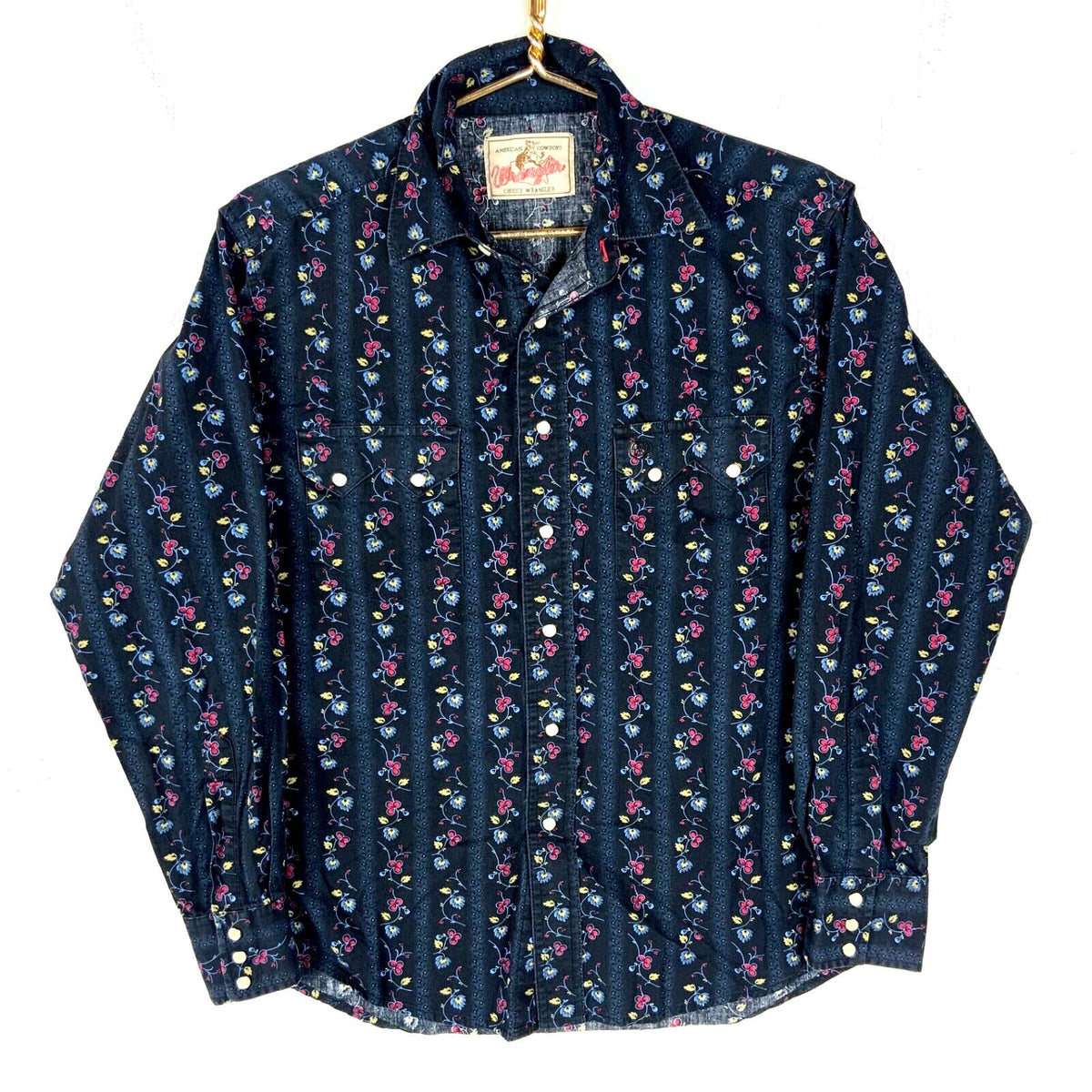 Vintage 1980s Wrangler Pearl Snap Shirt Small Blue Snap Button Floral Graphic Tee – Fan Favorite · Trending Graphic Apparel