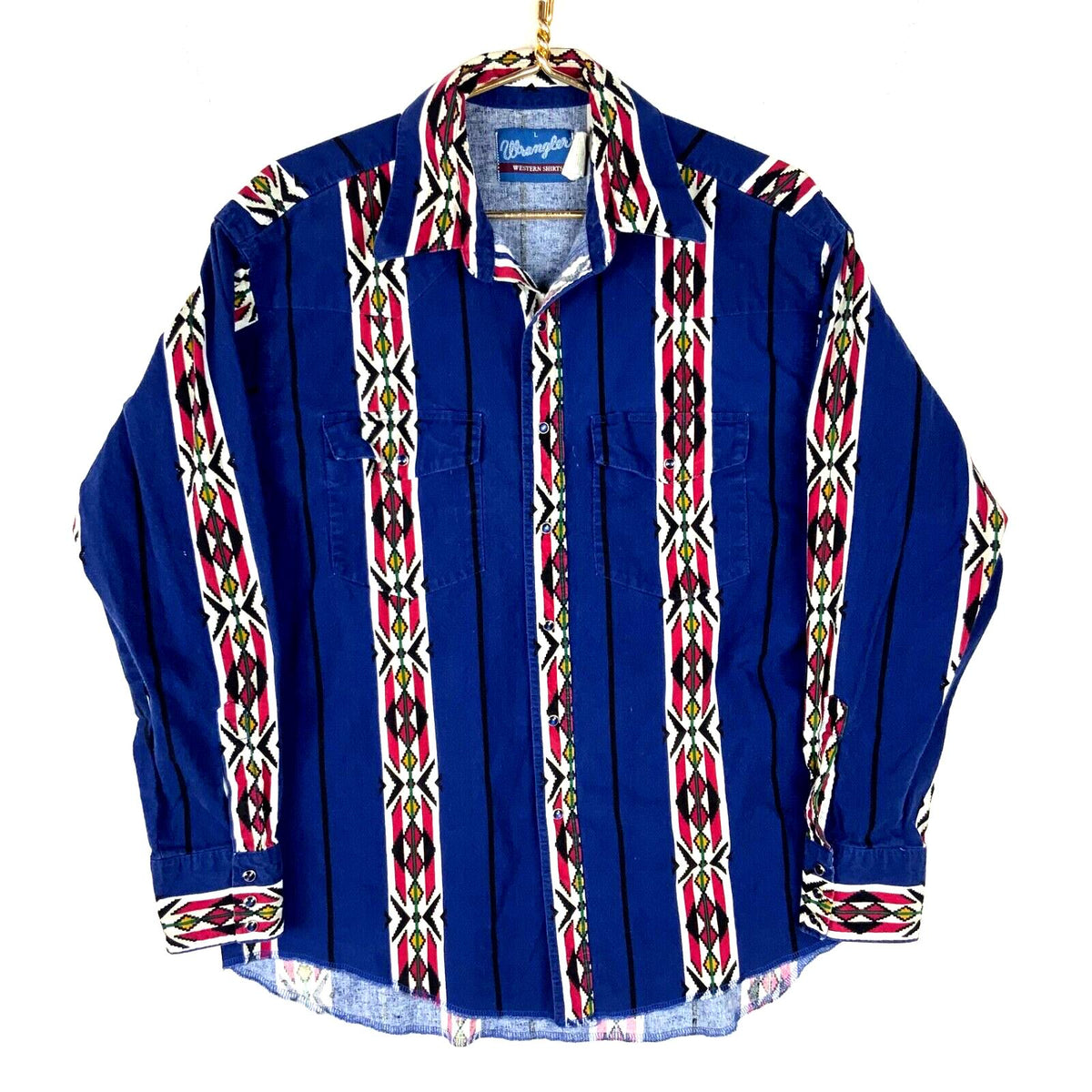 Vintage Wrangler Western Shirt Size Large Blue Pearl Snap Aztec Made In Usa 80s Graphic Tee – Premium Graphic · Must-Have Style