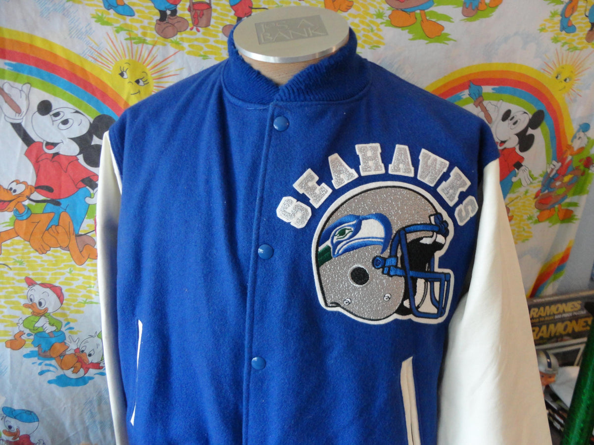 Vintage 8039s Seattle Seahawks NFL Football Chalk Line Varsity Style Letterman Jacket Size L Graphic Tee – Warm & Stylish · High-Quality Print