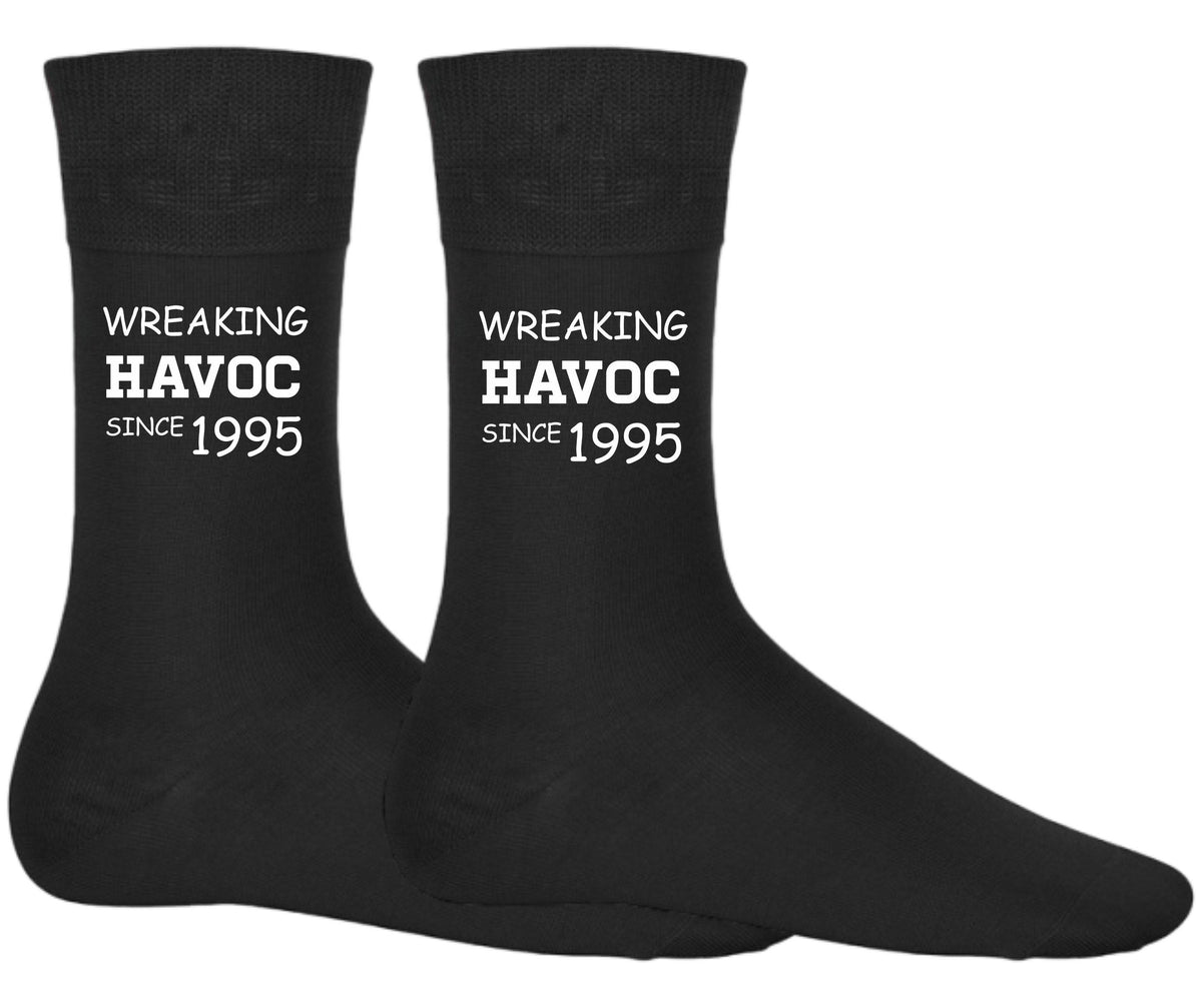 Wreaking Havoc Since 1995 Socks 30th Birthday Gift Born in 1995 Socks 30 Years Old Socks Fun Socks for Men and Women Novelty Socks Graphic Tee – Everyday Comfort · Trending Graphic Apparel