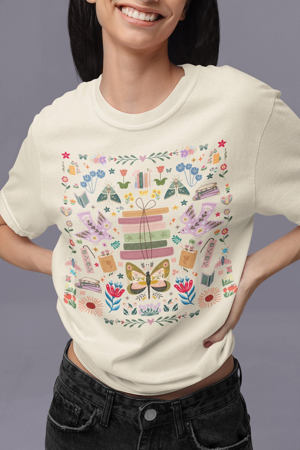 Bookish Folk Art Tee Shirt for Book Lover Maximalist Butterfly Lover Librarian TShirt for Reading Teacher or Romance Reader Floral Books Graphic Tee – Feel-Good Design · Perfect For Daily Wear