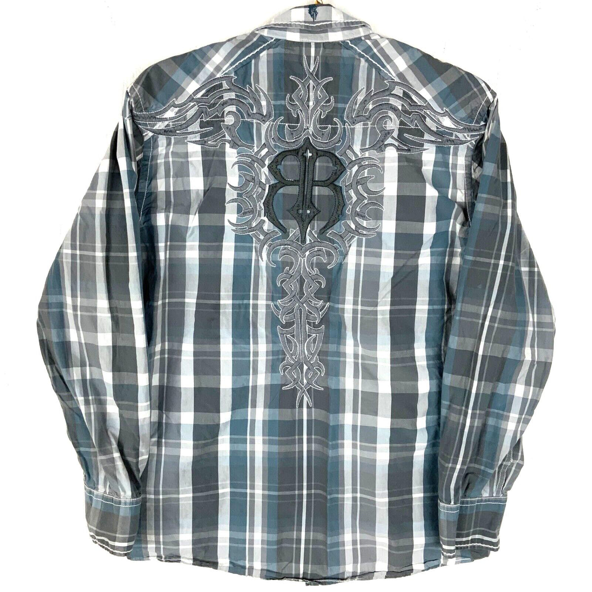 Y2K Roar Shirt Size Large Gray Checkered Long Sleeve Button Up Tribal Cross Graphic Tee – Premium Graphic · Top Pick For Any Outfit