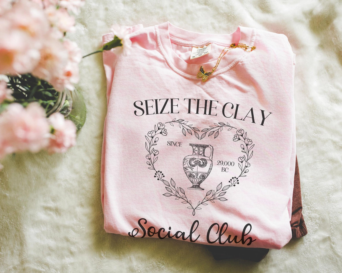 Cute Pottery Tee Shirt for Ceramic Artist Seize the Clay Social Club Shirt for Potter High School Art History Teacher Pottery Major Gift Graphic Tee – Bold Style · Great Gift For Fans