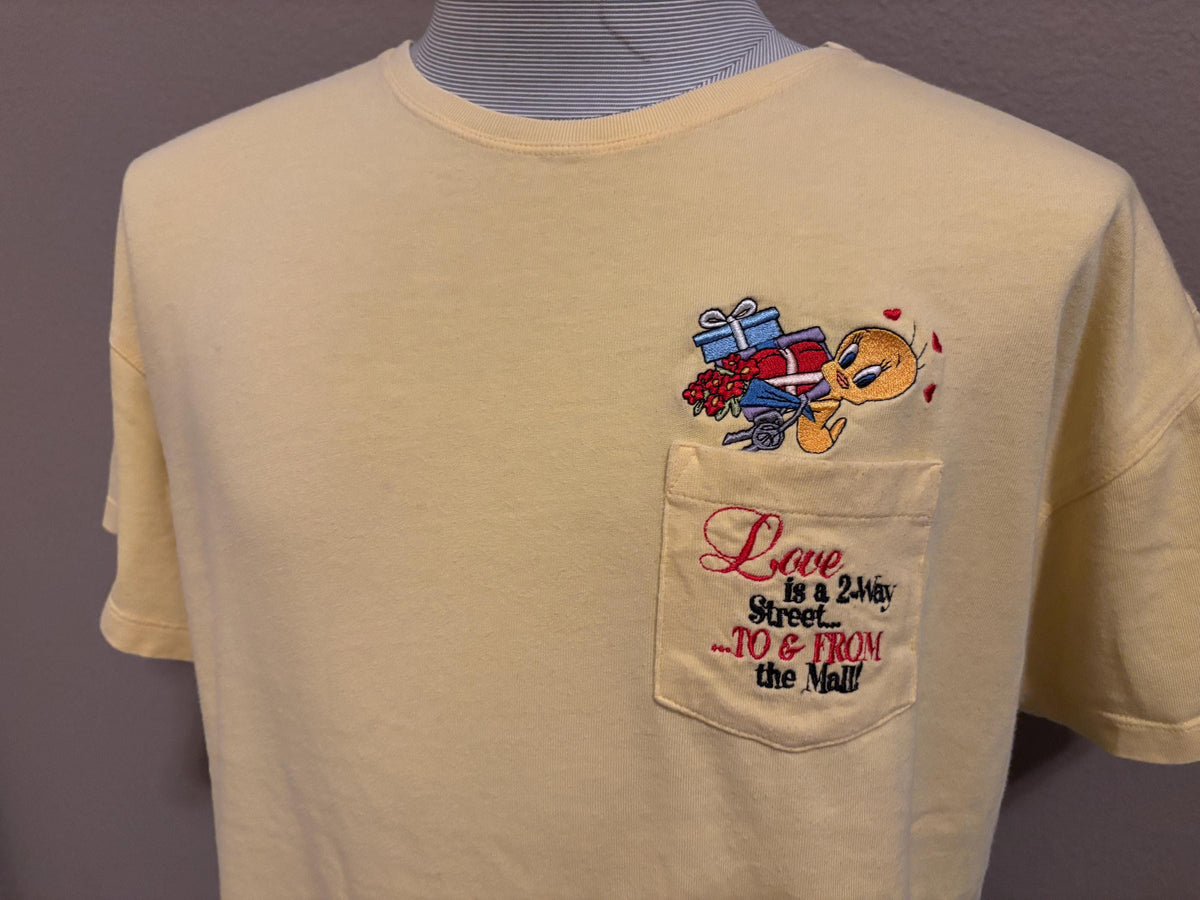 Vintage 2000s Love Is A 2way Street To And From The Mall Funny Looney Tunes Tweety Bird Pocket Tshirt L Graphic Tee – Warm & Stylish · Trending Graphic Apparel