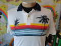 Vintage 8039s Sun Spots Palm Trees Surfing Rainbow Stripe Polo Shirt M Graphic Tee – Bold Style · High-Quality Print