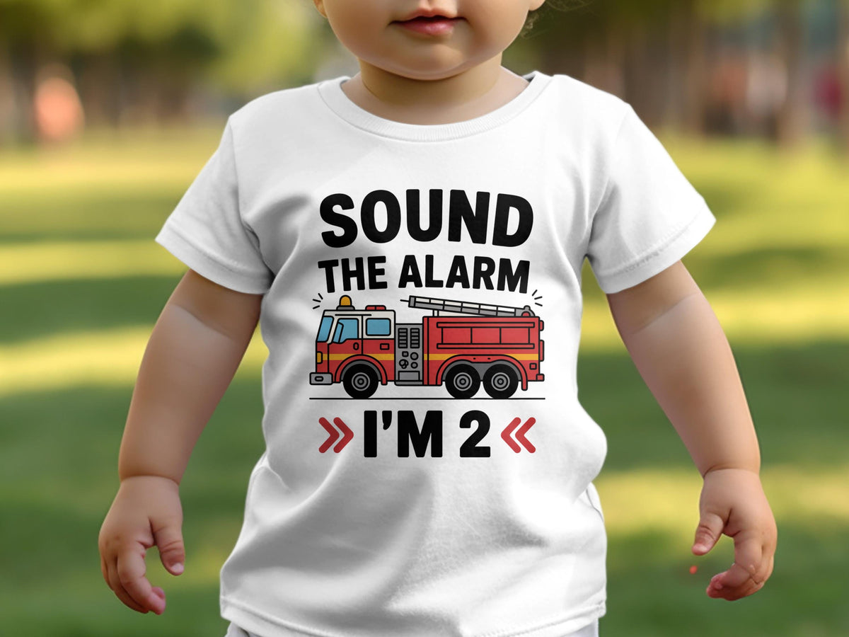 Boys 2nd Birthday T Shirt Sound The Alarm Firetruck Shirt White Tee for Second Birthday Toddler Birthday Outfit Party Outfit Graphic Tee – Easygoing Wear · Perfect For Daily Wear