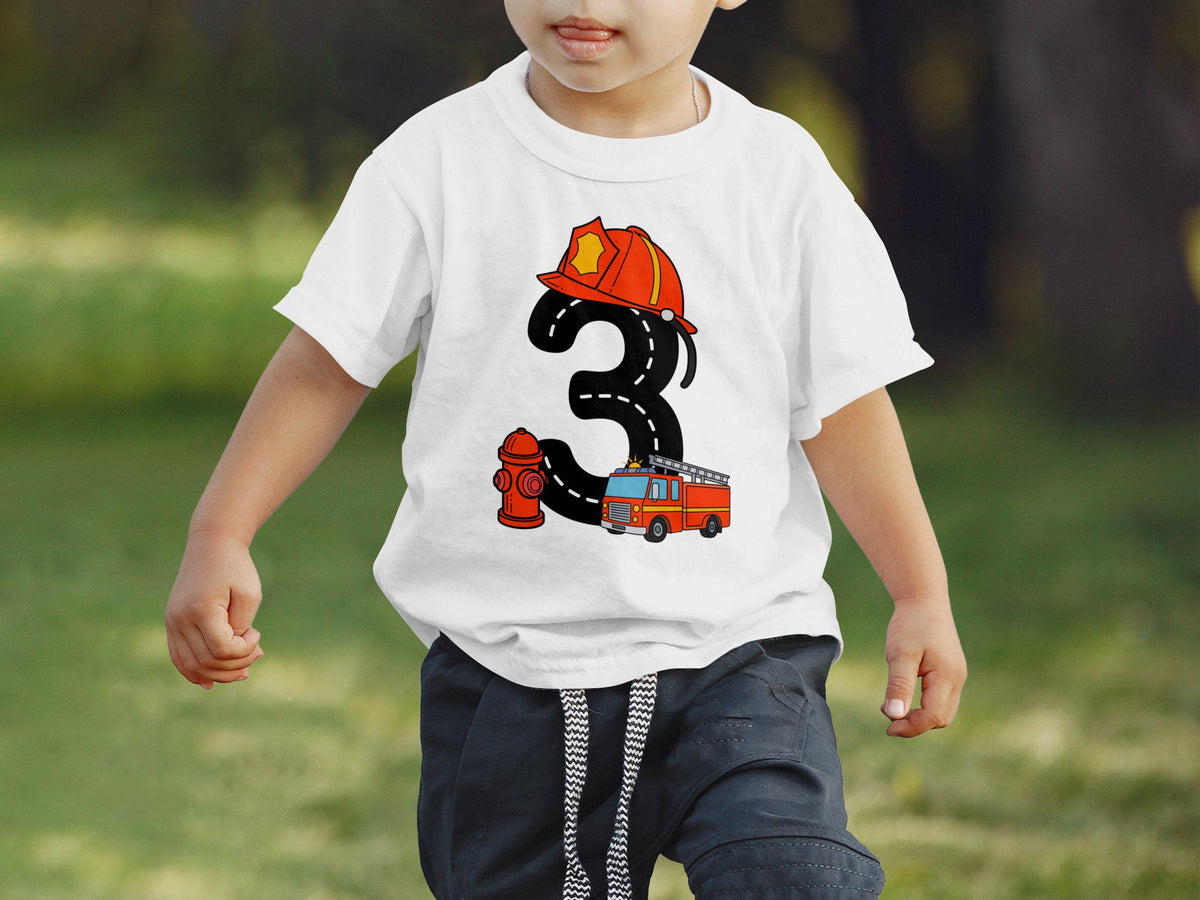 Birthday T Shirt for Boys 3 Years Old Firefighter Theme Toddler Shirt 3rd Birthday Outfit Fire Truck Tee Cute Birthday Boy Shirt Graphic Tee – Premium Graphic · High-Quality Print