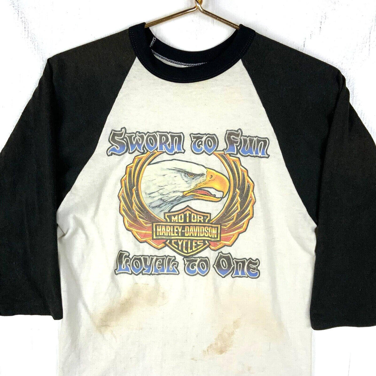Vintage 1980s Harley Davidson TShirt Medium Raglan Distressed 1982 Sworn To Fun Graphic Tee – Feel-Good Design · Trending Graphic Apparel