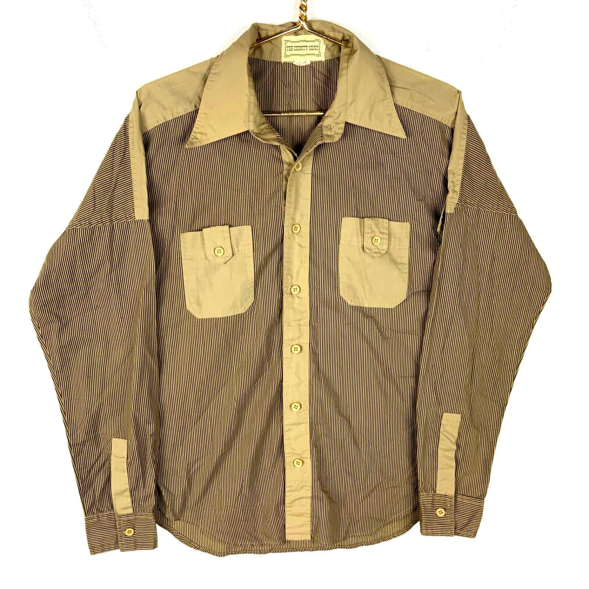 Vintage 198039s Shirt Large Brown Long Sleeve Button Up Striped Graphic Tee – Soft Feel · Must-Have Style
