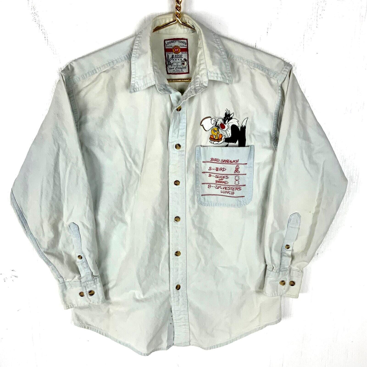 Vintage Looney Tuens Shirt XS Blue Long Sleeve Button Up Embroidered Graphic Tee – Premium Graphic · High-Quality Print