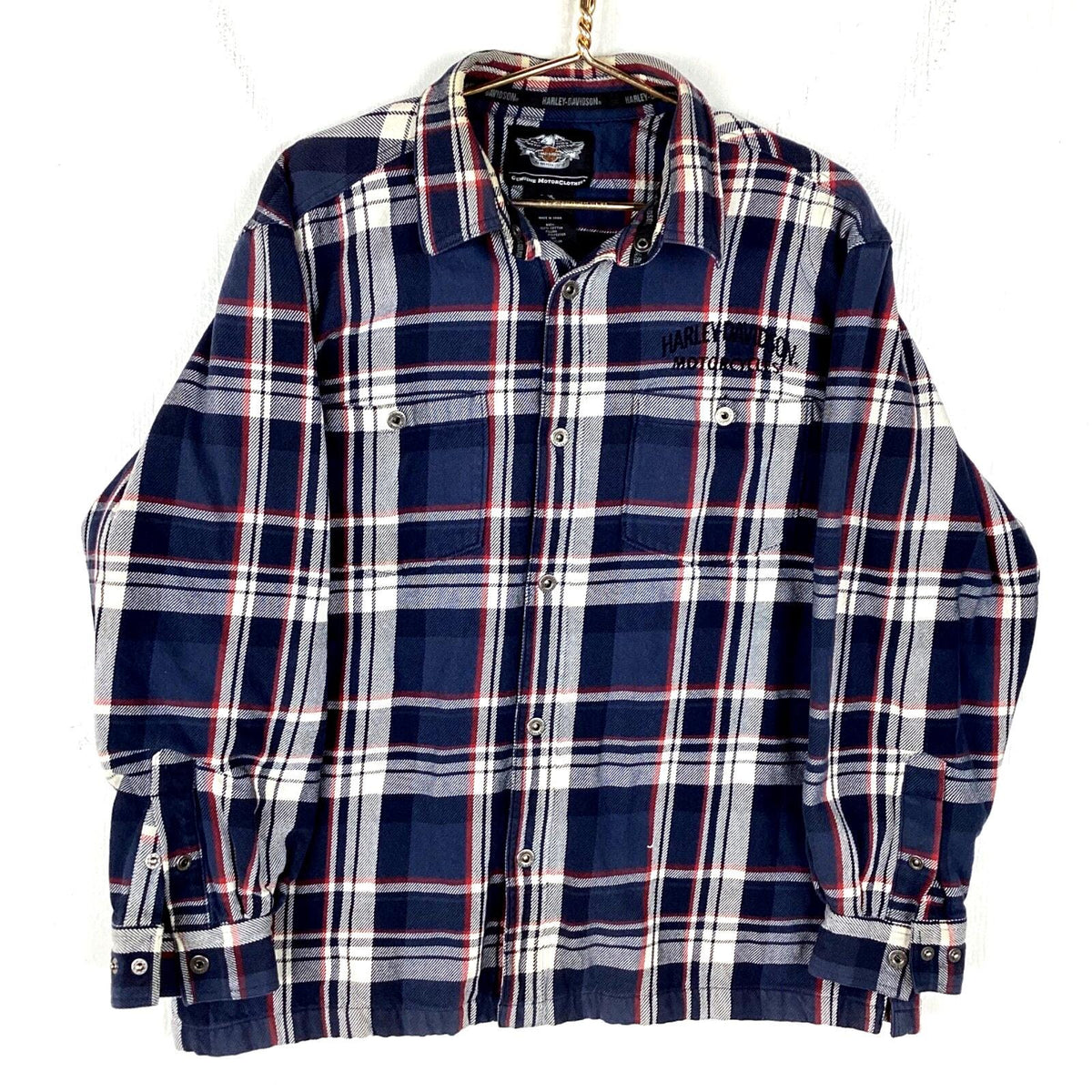 Harley Davidson Flannel Shirt Size XL Blue Plaid Snap Button Long Sleeve Lined Graphic Tee – Fan Favorite · Must-Have Style