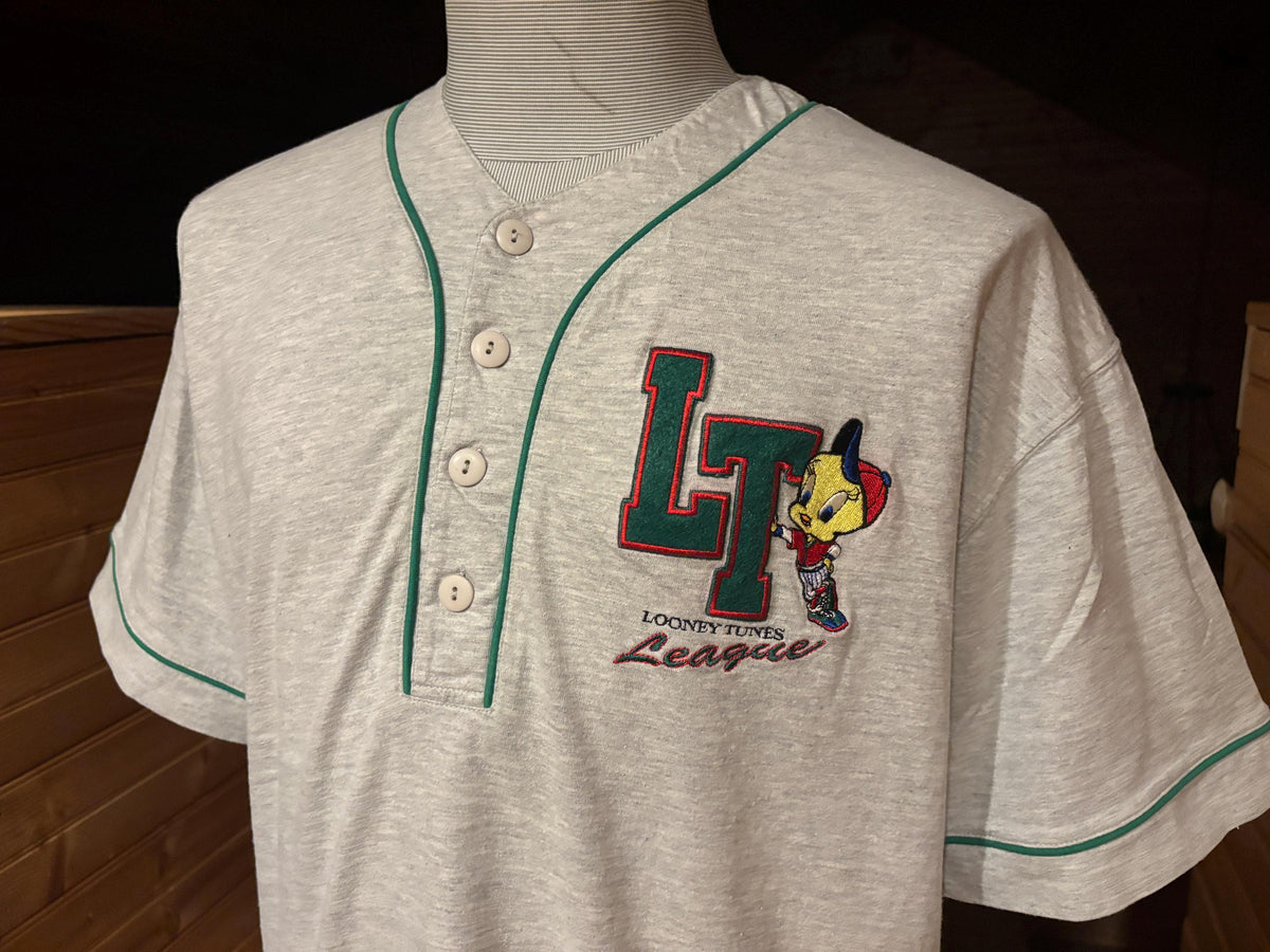 Vintage 90s Warner Bros Looney Tunes League Baseball Tweety Bird 14 Button Jersey Shirt XL Jersey – Cozy Vibes · Trending Graphic Apparel
