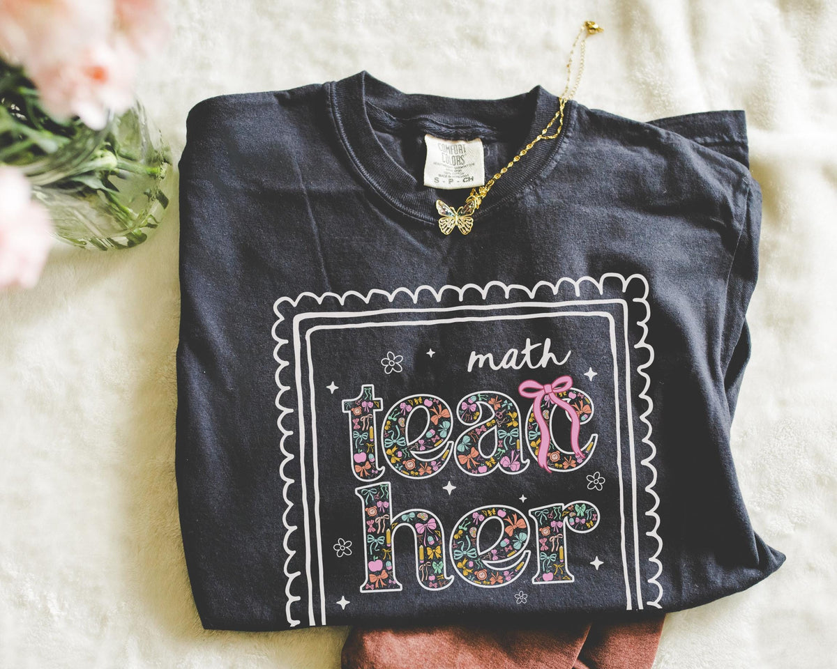 Colorful Math Teacher Tee Shirt for Back to School Cute Floral Matching Math Department TShirt with Bow Cute Nineties Aesthetic Doodles Graphic Tee – Soft Feel · Must-Have Style