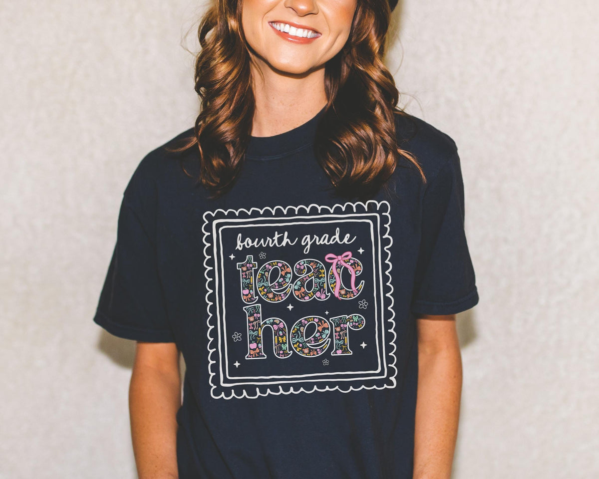 Fourth Grade Teacher Tee Shirt for Back to School Cute Floral Matching Fourth Grade Crew TShirt with Bow Cute Nineties Aesthetic Doodles Graphic Tee – Fan Favorite · Must-Have Style