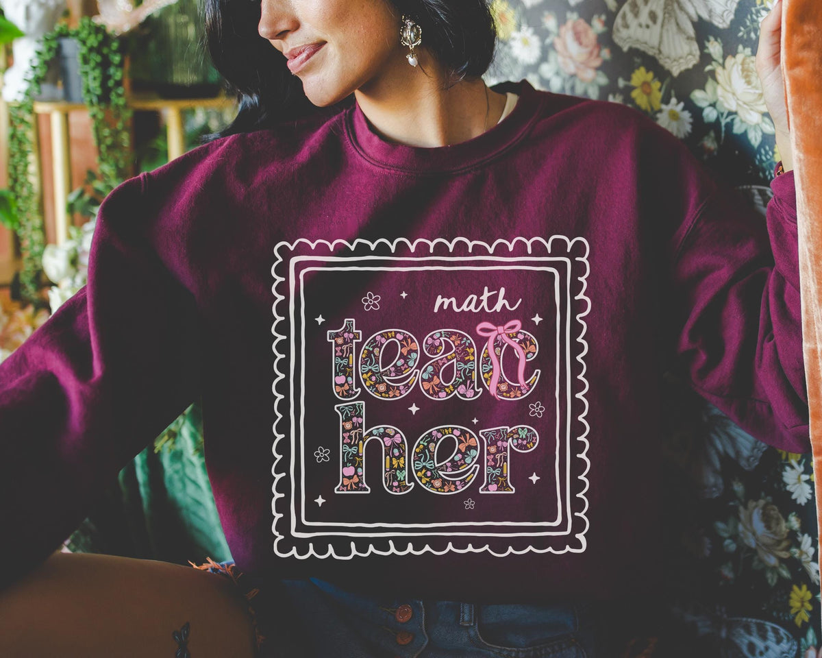 Colorful Math Teacher Sweatshirt for Back to School Cute Floral Matching Math Department Shirt with Bow Cute Nineties Aesthetic Doodles Sweatshirt – Easygoing Wear · Trending Graphic Apparel