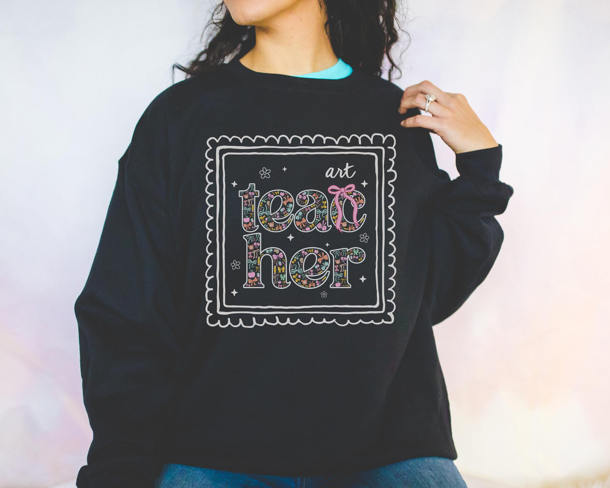 Colorful Art Teacher Sweatshirt for Back to School Cute Floral Matching Art Department Crewneck with Bow Cute Nineties Aesthetic Doodles Sweatshirt – Cozy Vibes · Must-Have Style