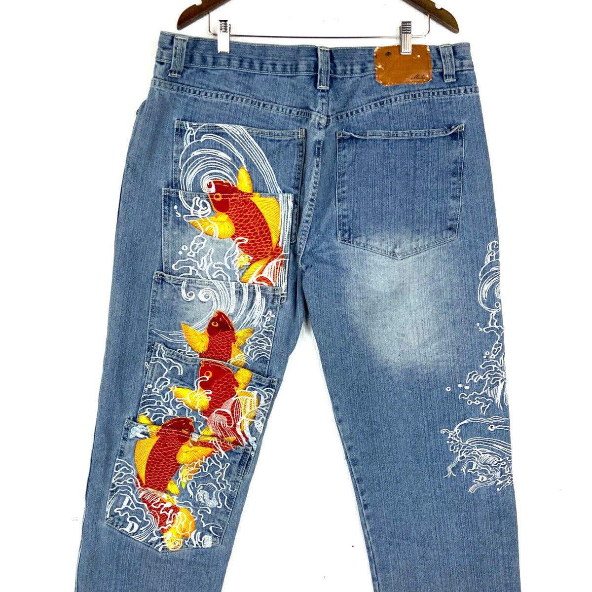 Y2K Muka Denim Jean Size 40x32 Blue Baggy Koi Fish Embroidered Streetwear Tote Bag – Everyday Comfort · Perfect For Daily Wear