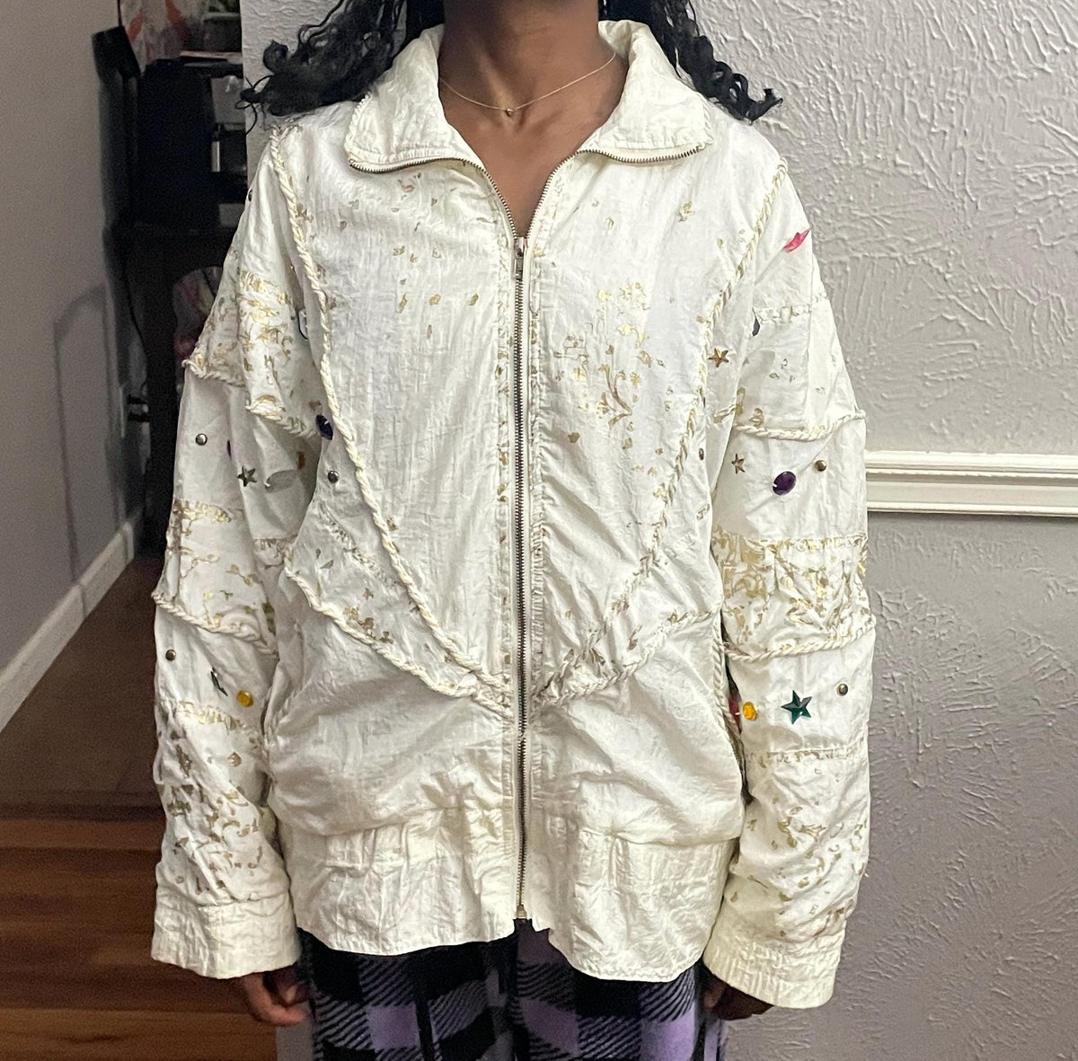 Vintage 90s Beige Jacket With Designs modeled size XL Graphic Tee – Warm & Stylish · Trending Graphic Apparel