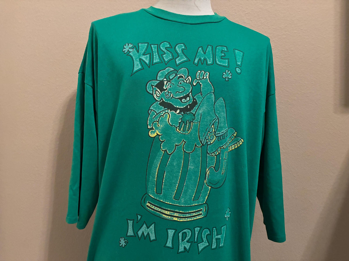Vintage 80s Kiss Me Im Irish Leprechaun St Patrick39s Day 34 Longsleeve night gown Tshirt XL Graphic Tee – Bold Style · High-Quality Print