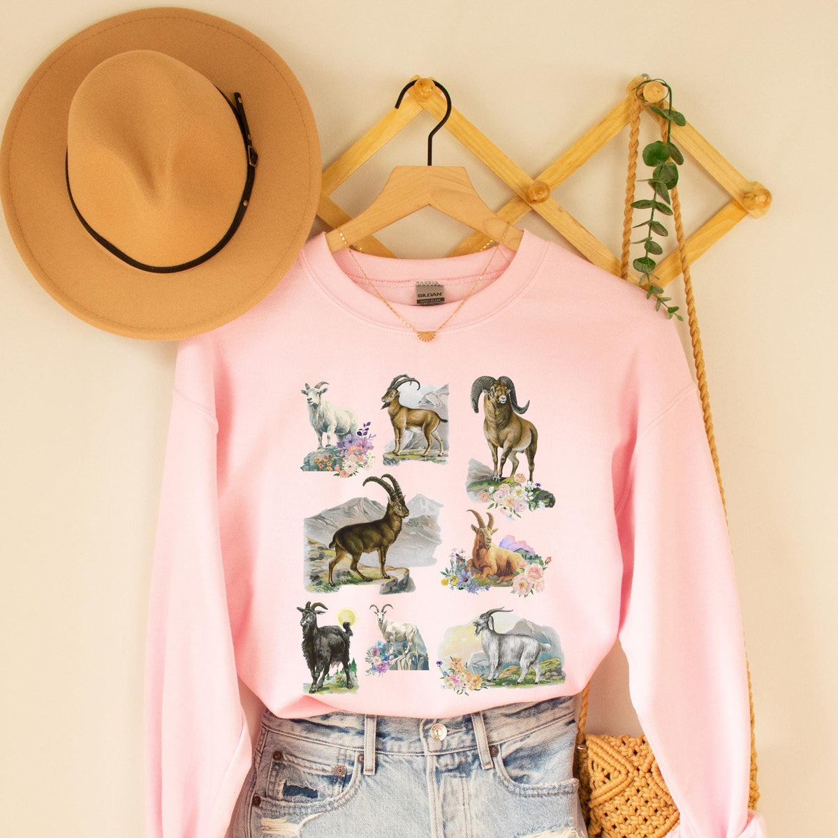 Boho Mountain Goat Animal Lover Sweatshirt Friend Who Loves Animals and Hiking Weirdcore Dreamcore 90s Scrapbook Aesthetic Floral Crewneck Sweatshirt – Warm & Stylish · High-Quality Print