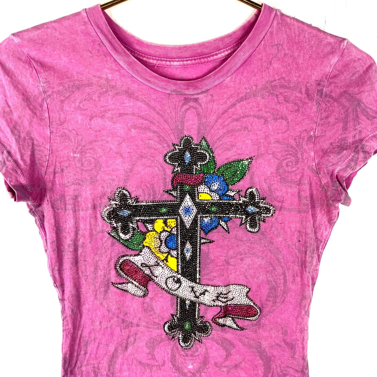 Vintage Y2k Cross TShirt Women39s Small Pink Rhinestone Love Double Sided Usa Graphic Tee – Bold Style · Must-Have Style