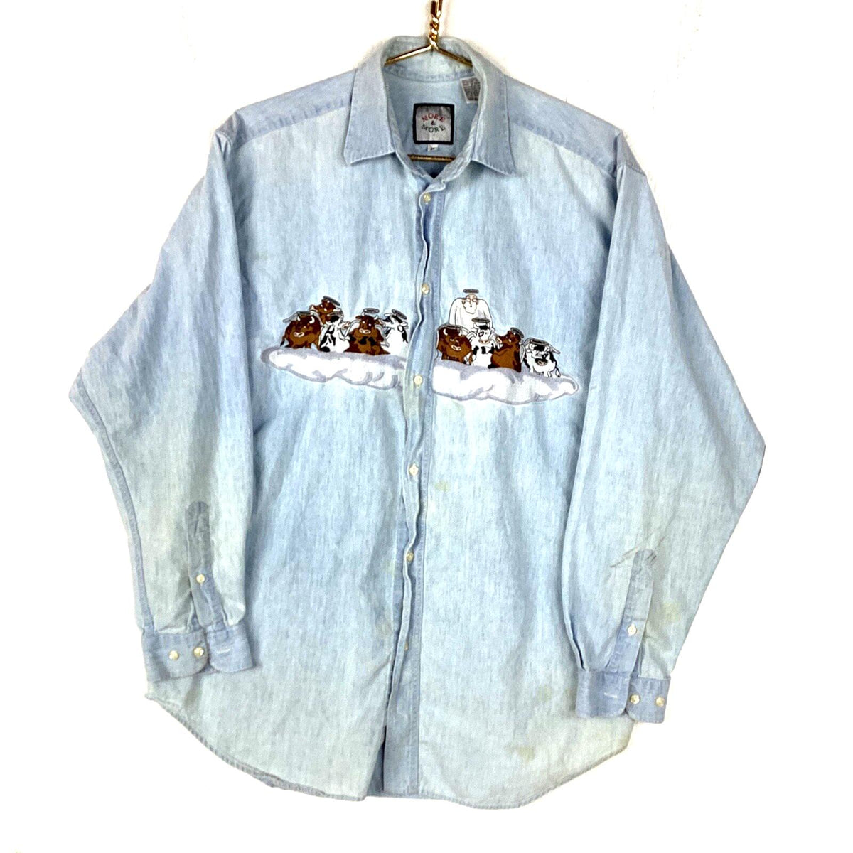 Vintage 199039s Denim Shirt Size Medium Blue Button Up Long Sleeve Cows Graphic Tee – Cozy Vibes · Must-Have Style