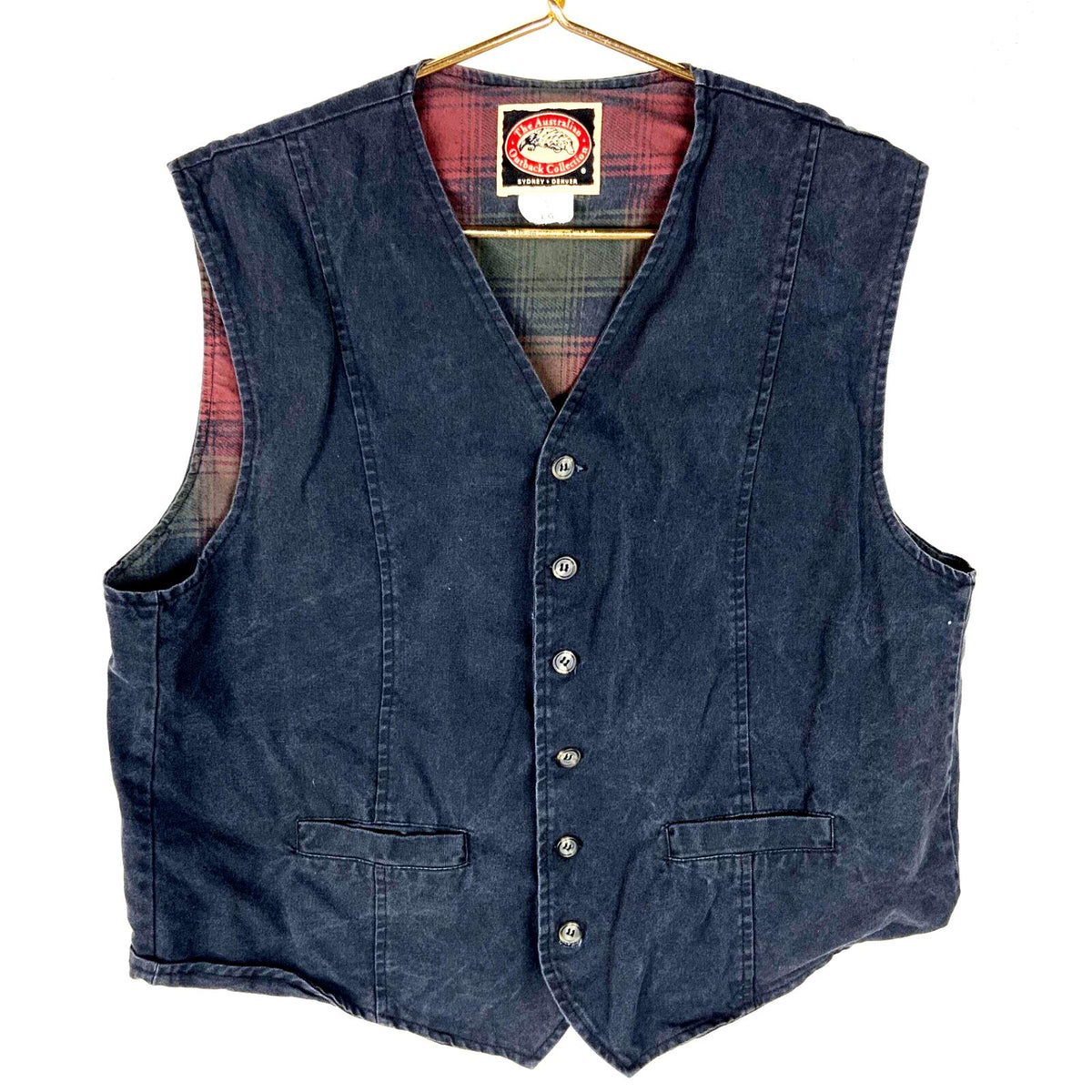 Vintage The Australian Outback Denim Jean Vest Large Black Plaid Lined 90s Graphic Tee – Fan Favorite · High-Quality Print