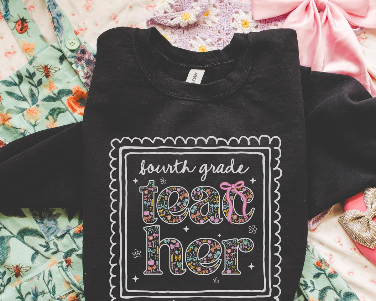 Fourth Grade Teacher Sweatshirt for Back to School Cute Floral Matching Fourth Grade Crew Shirt with Bow Cute Nineties Aesthetic Doodles Sweatshirt – Easygoing Wear · Must-Have Style