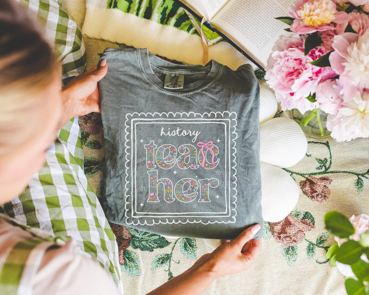 History Teacher Tee Shirt for Back to School Cute Floral Matching History Department TShirt with Bow Cute Nineties Aesthetic Doodles Graphic Tee – Premium Graphic · Great Gift For Fans
