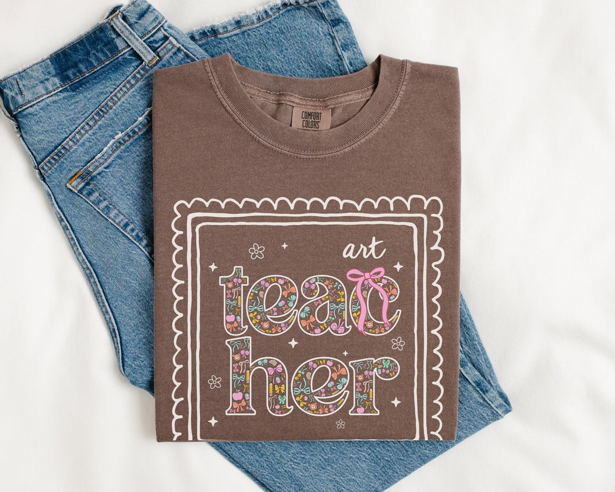 Colorful Art Teacher Tee Shirt for Back to School Cute Floral Matching Art Department TShirt with Bow Cute Nineties Aesthetic Doodles Graphic Tee – Fan Favorite · Must-Have Style