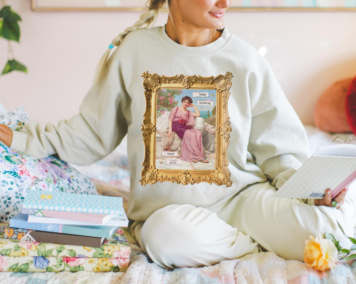 Cute Lesbian Sweatshirt Busy Thinking Abut Girls Funny Saying Pride Month Shirt for Gay Sister John William Goddard Art History Painting Sweatshirt – Easygoing Wear · High-Quality Print