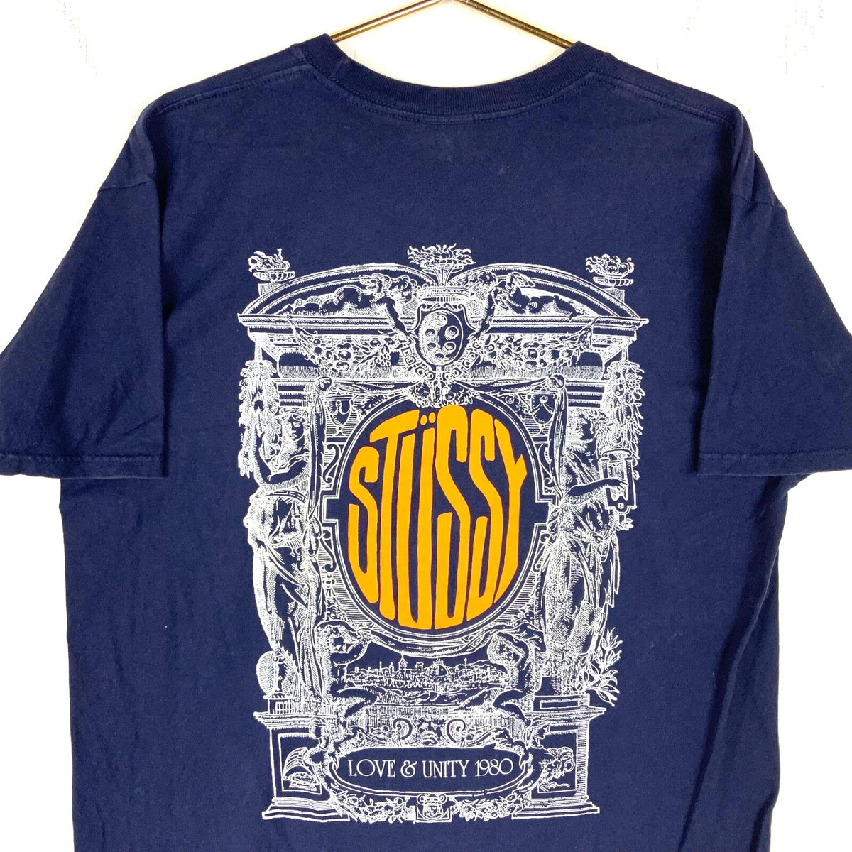 Vintage Stussy TShirt Size Large Blue Double Sided Love Unity Y2K Graphic Tee – Feel-Good Design · High-Quality Print