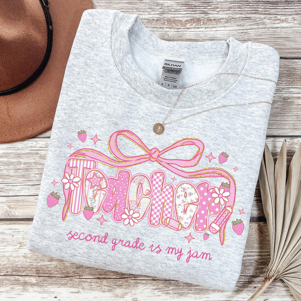 Second Grade Teacher Sweatshirt for Second Grade Squad or Crew Floral Boho Strawberry Crewneck with Messy Coquette Bow Fruit Lover Teacher Sweatshirt – Fan Favorite · Top Pick For Any Outfit