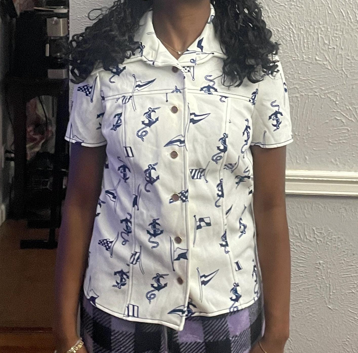 Vinatge 70s Anchor And Flag button up Tshirt modeled size S Graphic Tee – Soft Feel · Great Gift For Fans