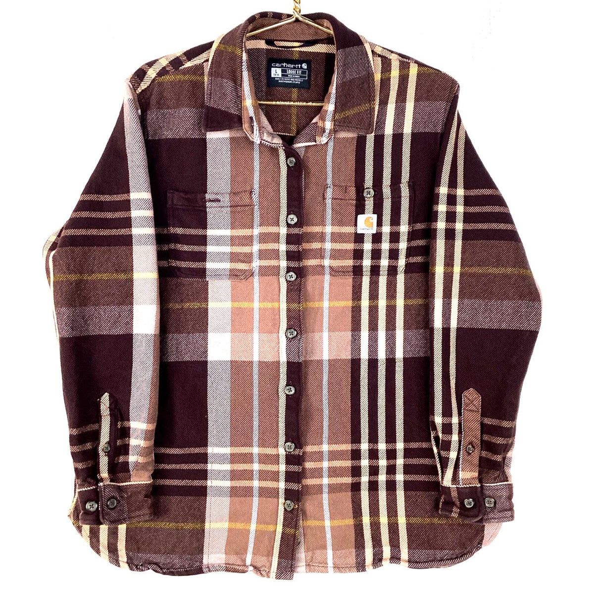 Carhartt Flannel Shirt Size Large Brown Plaid Button Up Loose Fit Long Sleeve Graphic Tee – Warm & Stylish · Must-Have Style