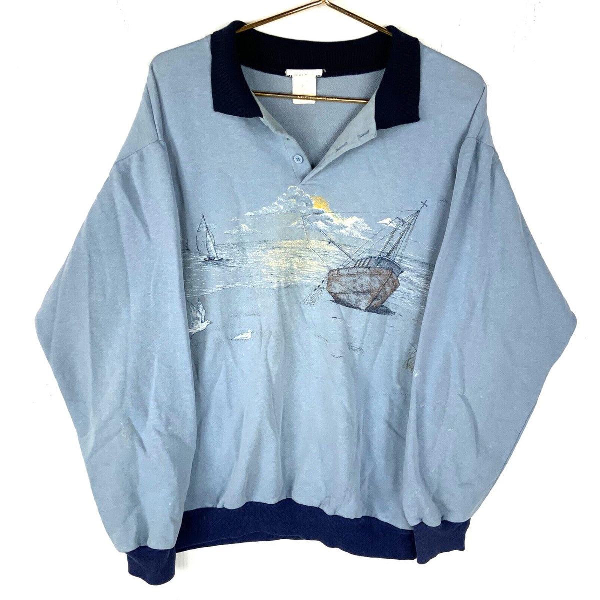 Vintage Boat Harbour Seagulls Sweatshirt Collared Large Blue Henley Made Usa 90s Sweatshirt – Easygoing Wear · High-Quality Print