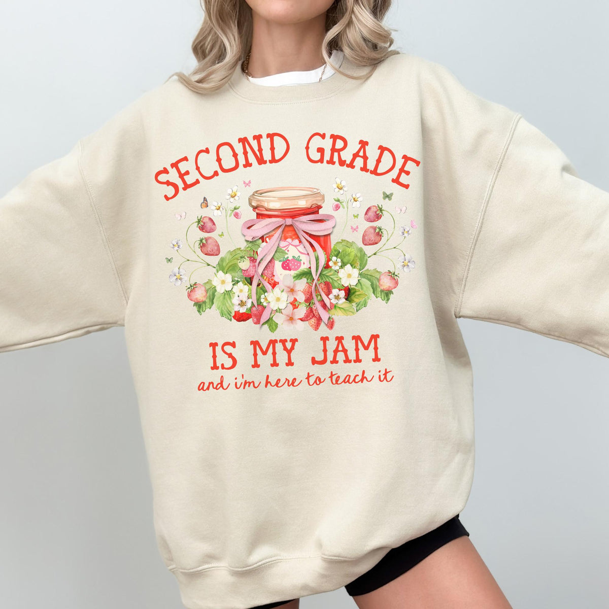 Second Grade Teacher Sweatshirt with Strawberries Second Grade is My Jam Matching Back to School Meet the Teacher Shirt 2nd Grade Crew Sweatshirt – Cozy Vibes · High-Quality Print
