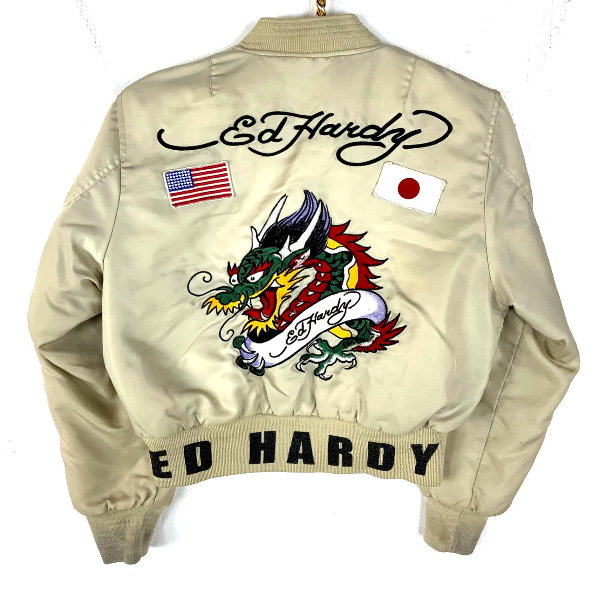 Vintage Ed Hardy Women39s Bomber Jacket XS Beige Full Zip Patchwork Graphic Tee – Cozy Vibes · Great Gift For Fans