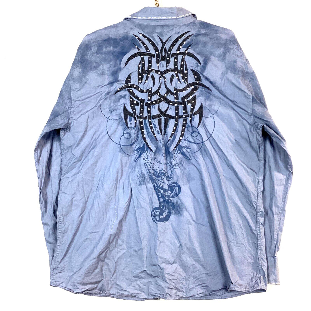 Vintage Y2K Embroidered Shirt XL Grey Long Sleeve Button Up Tribal Rhinestone Graphic Tee – Warm & Stylish · Trending Graphic Apparel