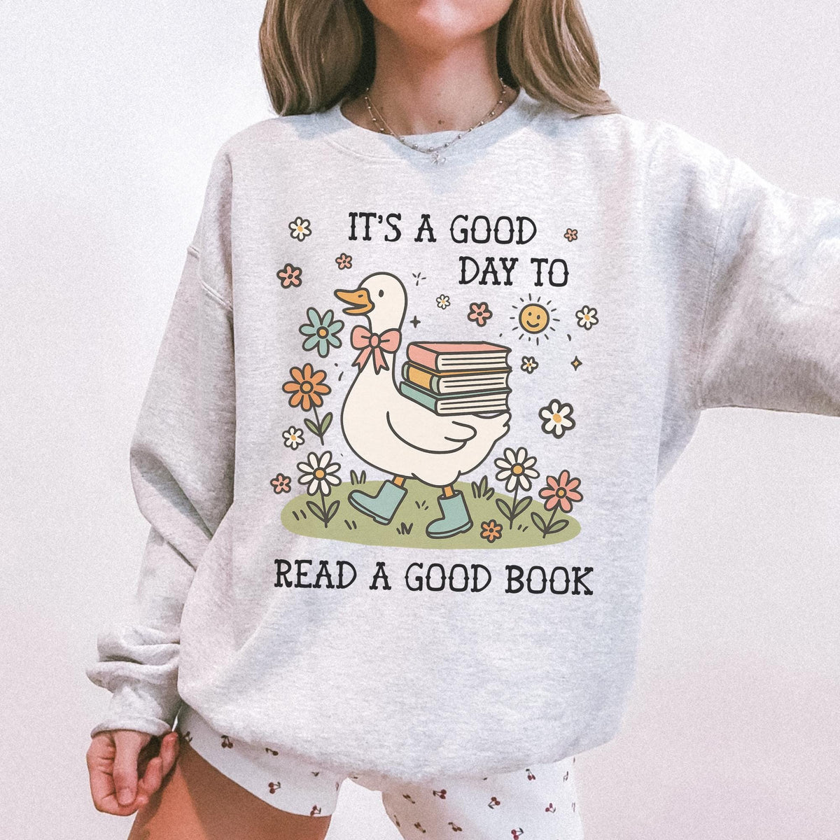 Book Lover Silly Goose Sweatshirt for School Librarian Reading Teacher Cute Romance Reader Bookish Crewneck with Flowers for Animal Lover Sweatshirt – Feel-Good Design · High-Quality Print