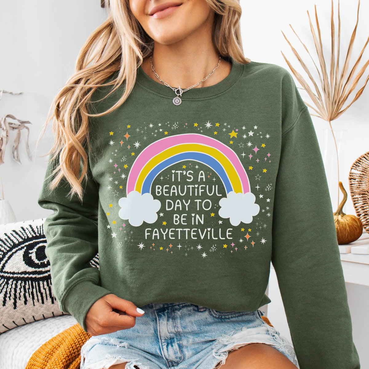 Cute Fayetteville Arkansas Sweatshirt for Friend Living in Fayetteville Colorful Northwest Arkansas Crewneck with Rainbow and Doodle Stars Sweatshirt – Bold Style · Perfect For Daily Wear