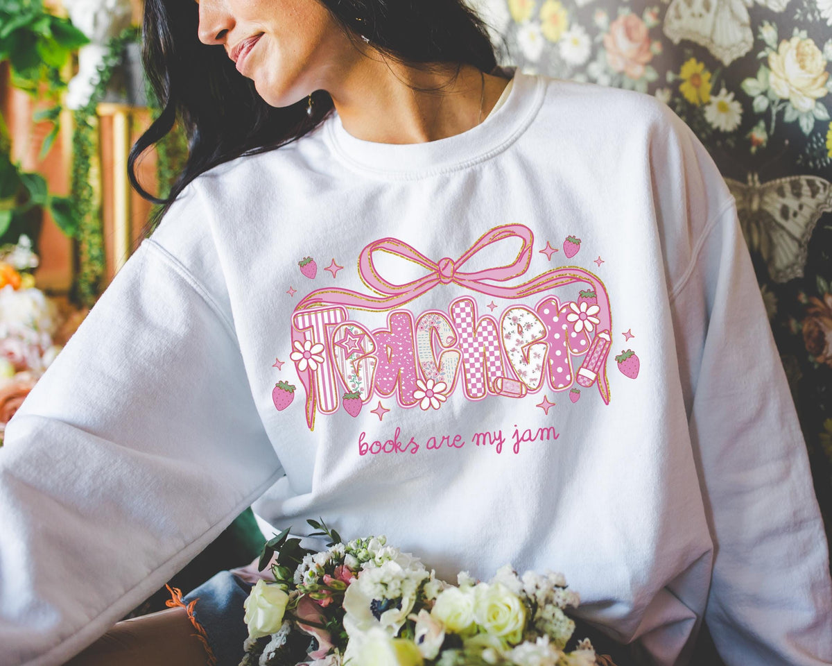 School Librarian Sweatshirt Reading Teacher Squad or Crew Floral Boho Strawberry Crewneck with Messy Coquette Bow Fruit Lover Teacher Sweatshirt – Aesthetic Look · Top Pick For Any Outfit