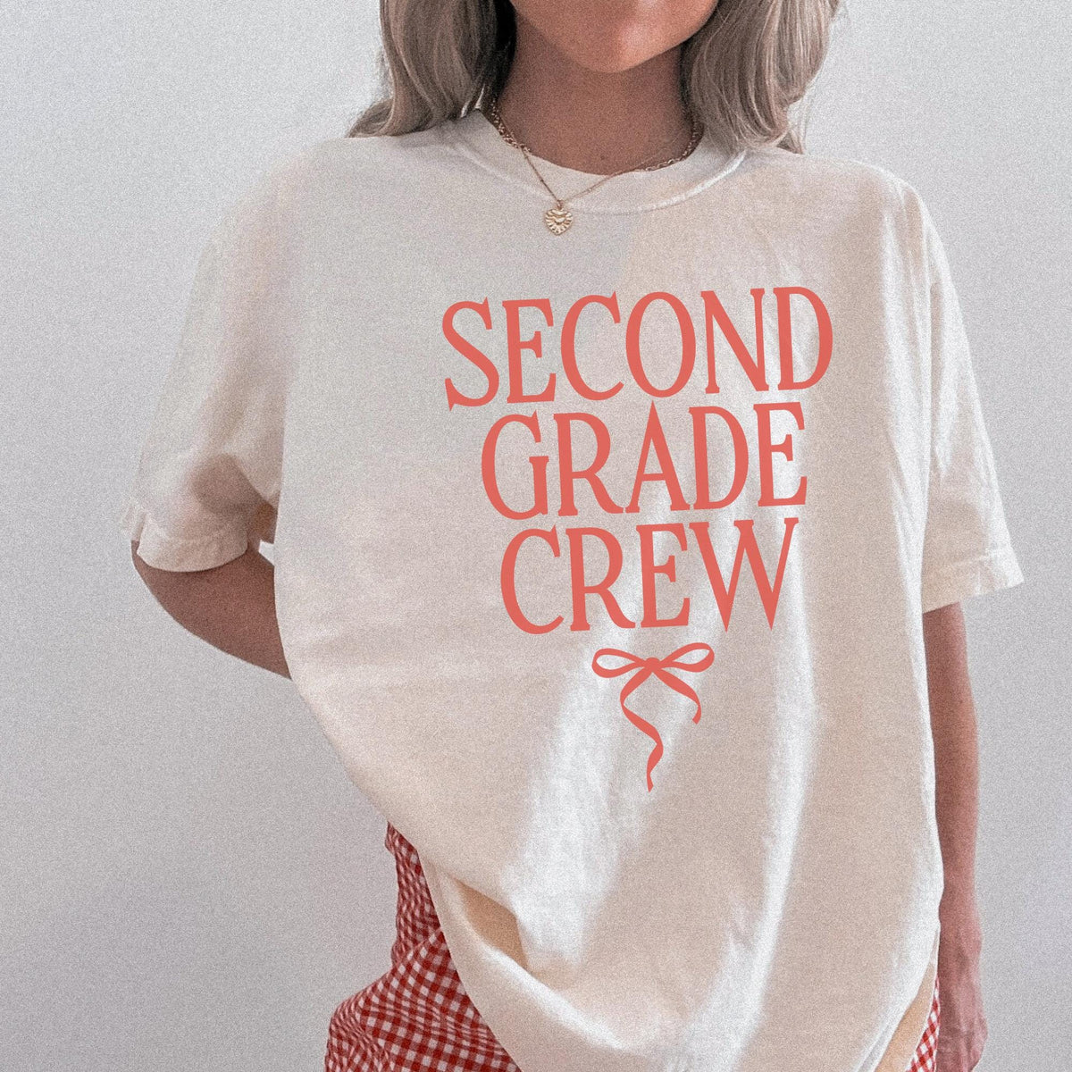 Second Grade Crew Matching Teacher Tee Shirt with Messy Coquette Bow Colorful Second Grade Teacher Tee for Back to School Meet the Teacher Graphic Tee – Aesthetic Look · Must-Have Style